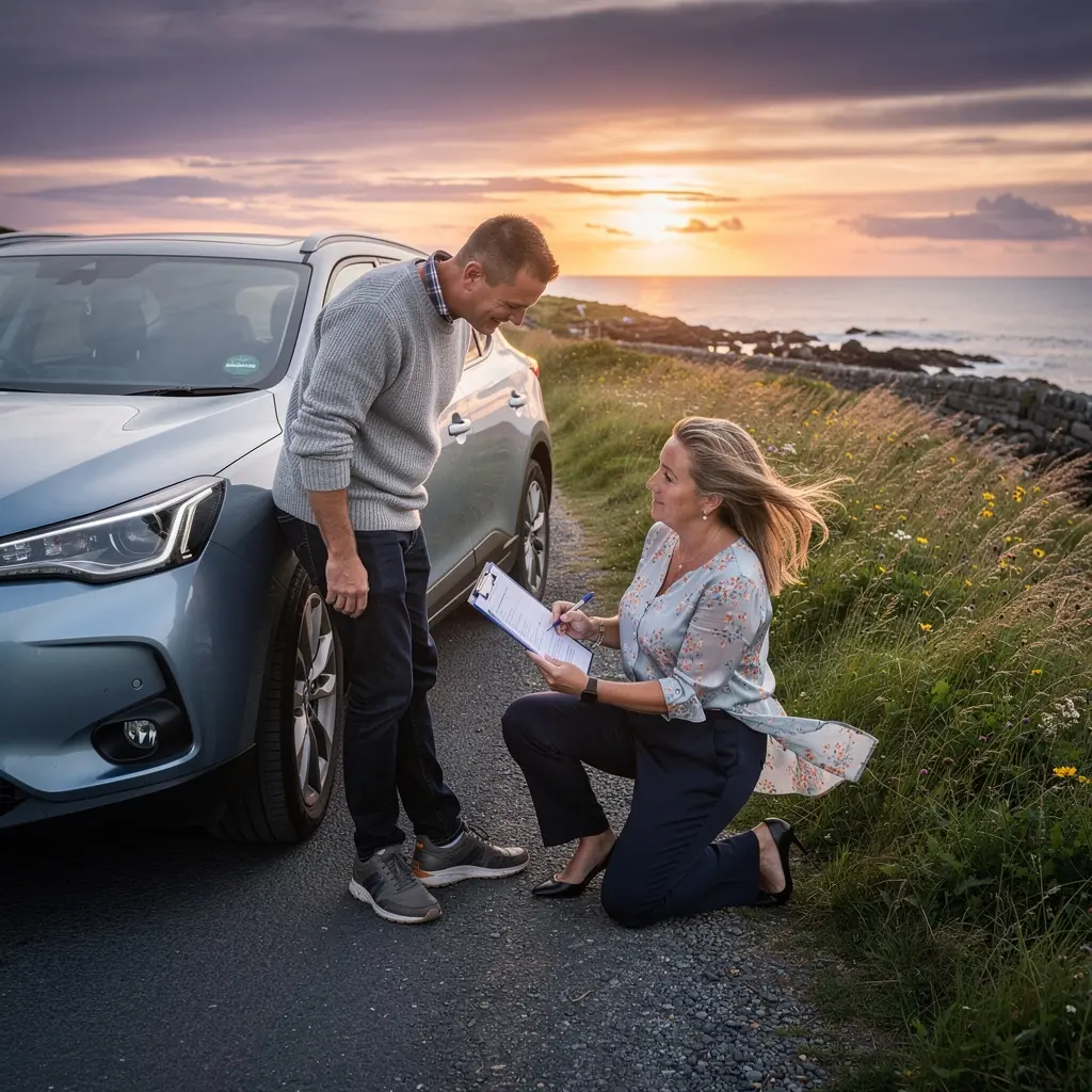 A family discussing their car insurance options at a dining table with paperwork spread out.